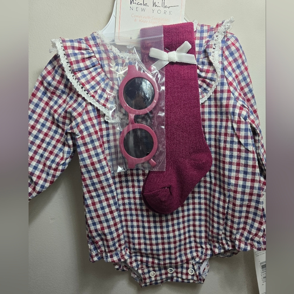 Nicole Miller Kids Plaid Romper Set with Pink Accessories - Picture 2 of 4